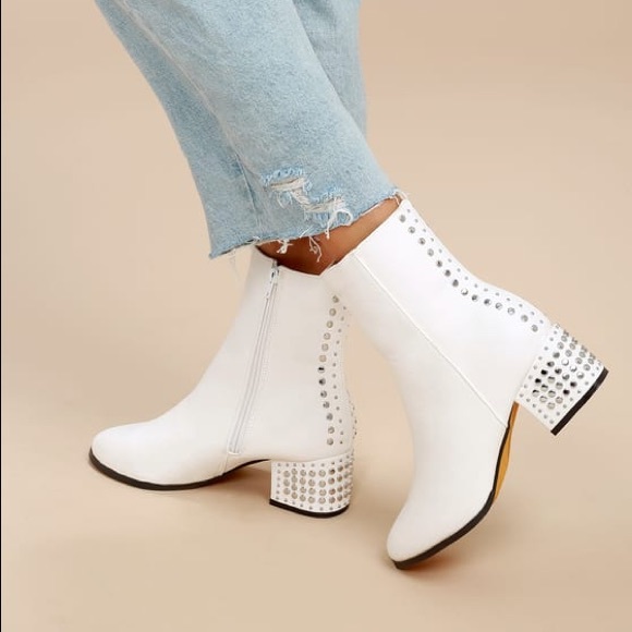 Lulus Shoes - Huxley White Studded Mid-Calf Boots